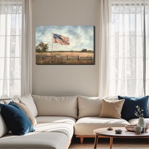 Image of Framed Vintage American Flag Field Wall Art, Patriotic Rustic Canvas Art Pictures, USA Flag Wall Decor for Living Room Farmhouse Garage, Ready to Hang Made in USA
