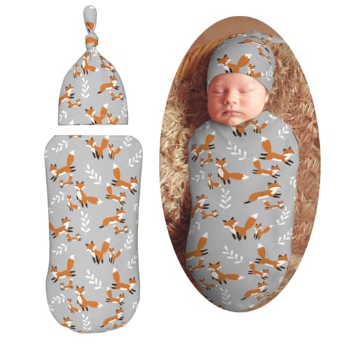 Image of Cute Foxes Leaves Gray Newborn Swaddle Blankets Hat Sets Soft Baby Receiving Blanket Swaddle Sack for Baby Shower Infant Boy Girl Gift