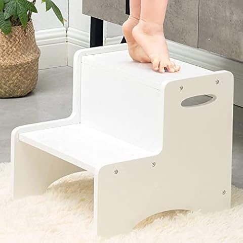 WOOD CITY Wooden Toddler Step Stool for Kids, White Two Step Children's Potty Stool with Handles, Bonus Non-Slip Pads for Safety, Bathroom & Kitchen, Dual Height Cover