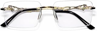 Rimless Rectangular Eyeglasses with Panther Temple Detail, Clear Lens, Black Metal Frame, Unisex Fashion Spectacles Price In India