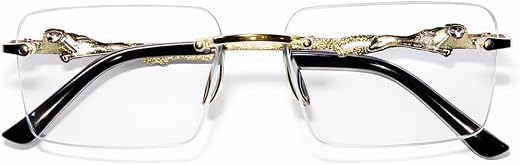 Rimless Rectangular Eyeglasses with Panther Temple Detail, Clear Lens, Black Metal Frame, Unisex Fashion Spectacles