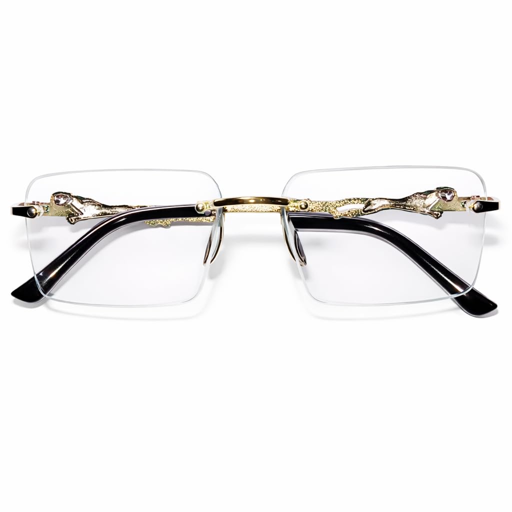Rimless Rectangular Eyeglasses with Panther Temple Detail, Clear Lens, Black Metal Frame, Unisex Fashion Spectacles - Review, Price and Buying Guide