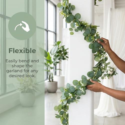 Eukalyptus Girlande Künstliche 180cm Grün mit Weißen Blüten, Frühling Eukalyptus Deko Kunstpflanze Efeugirlande Hängepflanze für Zimmer Wand Balkon Hochzeitsdeko (Girlande, 4 Stück)
