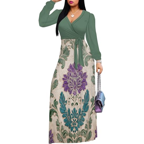 Image of Women's Plus Size Maxi Dresses Long Sleeves V Neck Floral Print Bohemian Swing Long Dress with Belt