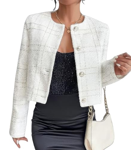 ebossy Women's Collarless Plaid Tweed Blazer Elegant Open Front Button Down Casual Business Glitter Jacket