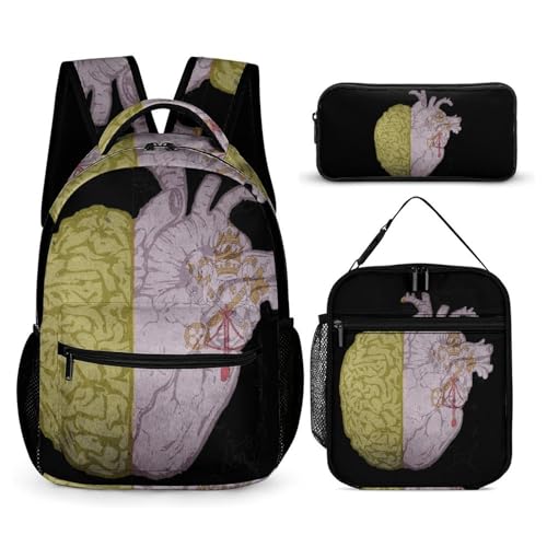 Vatican City Flag Brain Heart Backpack Shoulder Bags Lunch Bag Pencil Case Box 3 Set Daypack Cute