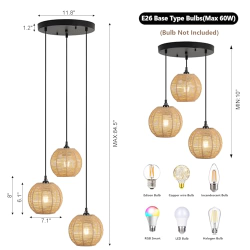 Image of Round 3 Light Boho Pendant Light Rattan Hanging Lamp | Hand Woven Wicker Small Chandelier Hanging Lights Fixture for Bedroom Kitchen Hallway Foyer