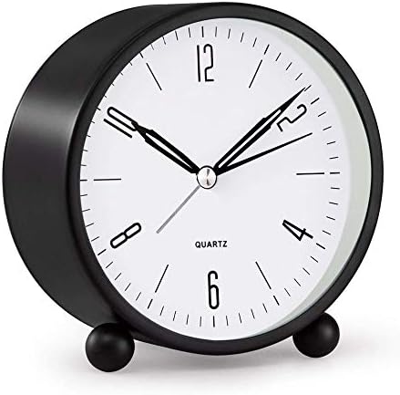 Analog Alarm Clock, 4 inch Super Silent Non Ticking Small Clock with Night Light, Battery Operated, Simply Design, for Bedroon, Bedside, Desk (Black)