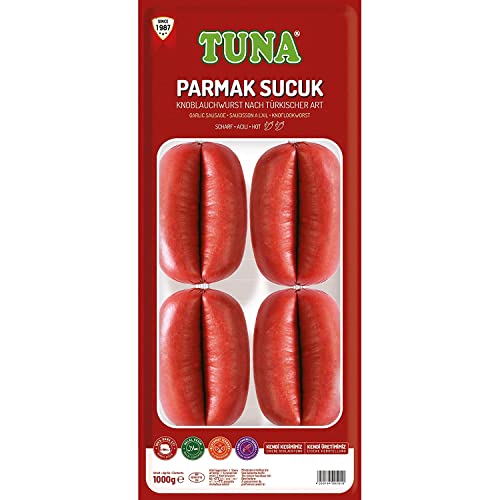 TUNA FOOD Parmak Knoblauchwurst 1 Kg (Mittelscharf) I Wurst & Fleisch I Halal, Nach Türkischer Art, Parmak Sucuk 1 kg (Az Acılı), 100% Helal Cover