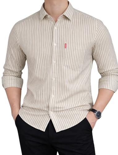 Image of MILDIN Men's Pure Cotton Striped Printed Shirt with Spread Collared Neck Full Sleeve Curved Hemline Button Closure and Regular Fit | Shirt for Man