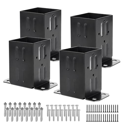 Eapele 4x4 Wood Fence Post Anchor Base, 13GA Thick Steel and Black Powder Coated, Come with Wood Screws and Concrete Anchors(Set of 4)