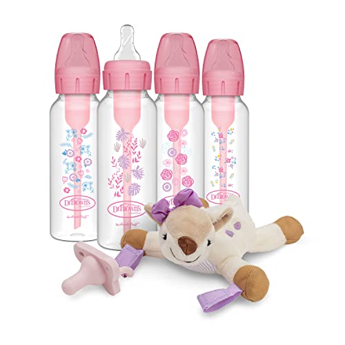 Image of Dr. Brown’s Natural Flow® Anti-Colic Options+™ Narrow Baby Bottles 8 oz/250 mL, with Level 1 Slow Flow Nipple, 4 Pack, Pink Floral & Deer Lovey with HappyPaci Pacifier, 0m+