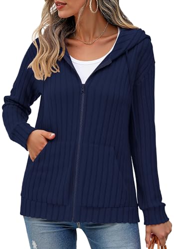 Image of YGJIEGENG Hoodies for Women UK, Zip up Hooded Cardigans Summer Oversized Casual Sweatshirt Ladies Long Sleeve Lightweight Jackets Outwear with Adjustable Drawstring Hood, Navy Blue, L