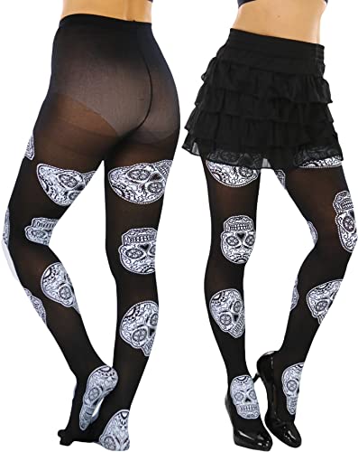 Image of ToBeInStyle Women's Sugar Skull Dia de los Muertos La Catrina Skeleton Bones Tights & Thigh High Stockings