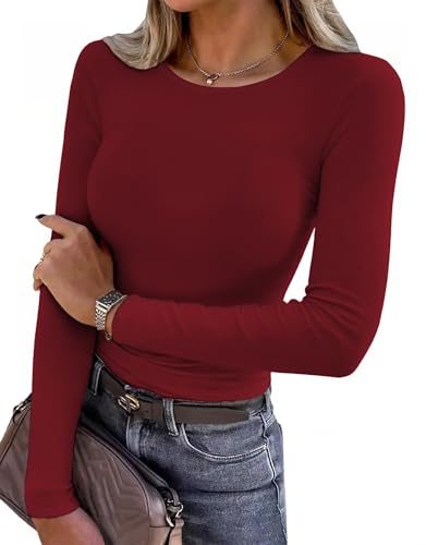 Aottori Tshirt Femme Col Rond Manches Longues Hauts Côtelé Élégant T-Shirt Moulant Slim Fit Sexy Top Extensible sous Pull Respiratoire Décontracté Basic...