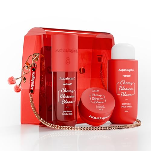 Image of Aqualogica Cherry Blossom Bloom (Hot Girl Essentials) | With Sling Bag & Charms | Perfume Body Wash | Perfume Body Mist | Hydra Gel Moisturizer | Fragrance | Gift Set | Gifting For Valentine's Birthday, Anniversary, Rakhi & Special Occasions | Premium Gift Pack