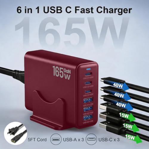 Image of 165W Charging Station, 6 Port Desktop Charger, 3 Ports 40W Red