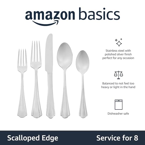 Image of AmazonBasics Cutlery 45-Piece Stainless Steel Flatware Silverware Set with Scalloped Edge, Service for 8