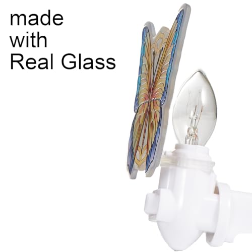 Image of Yellow Butterfly Night Light - Stained Glass Styled Plug-in Wall Light for Vertical Outlets - Real Glass, Warm Glow for Bedroom, Bathroom, Hallway - Gift for Butterfly Lovers