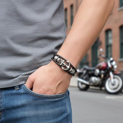 Image of Black Braided Leather Bracelet For Men