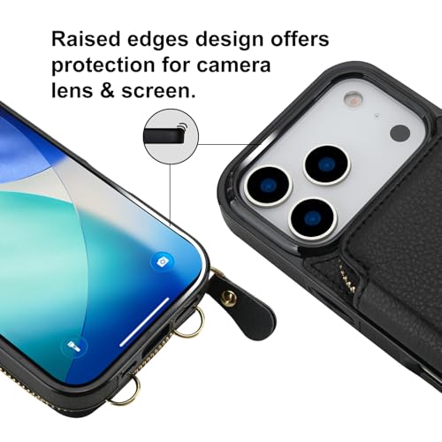 Bocasal Crossbody Wallet Case for iPhone 17 Pro, RFID Blocking Leather Purse Case with Card Holder, Protective Handbag Flip Cover with Zipper Wrist Strap Lanyard for Women 5G 6.3 Inch (Black)