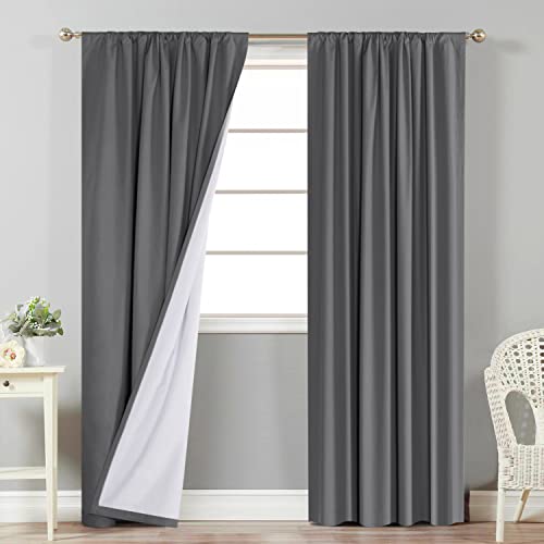 Flamingo P 100% Blackout Curtains Window Treatment Curtain With White Backing Thermal Insulated Rod Pocket Curtains For Living Room 2 Tie-Backs (2 Panels 52 X 84 Inch, Grey) #TOP22