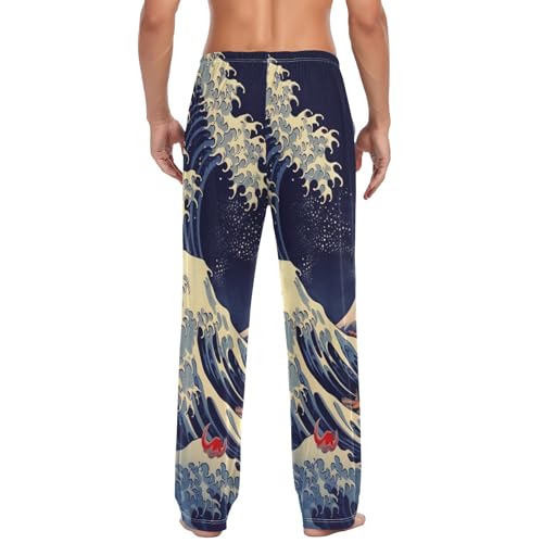 Lounge Pajama Pants for Men Japanese Sea Wave Men's Sleep Bottoms Pants with Drawstring, S2