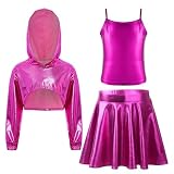 YOOJIA Ropa De Baile Metalizada para Niñas Crop Top Y Falda Corta Y Sudadera Disfraz De Danza Moderna Jazz Hip-Hop Rosa Caliente 7-8 años