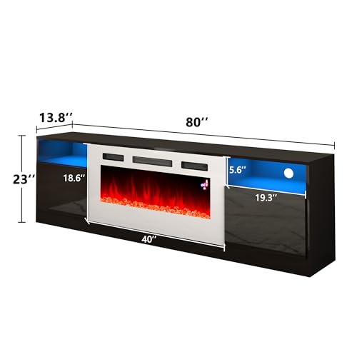 Image of AMERLIFE 80 inch Fireplace TV Stand with 40 inch Electric Fireplace | Black & White Finish, High Gloss Surface, Modern Entertainment Center, Storage Cabinets, 12 Colors LED Lights, Fits 90 inch TVs