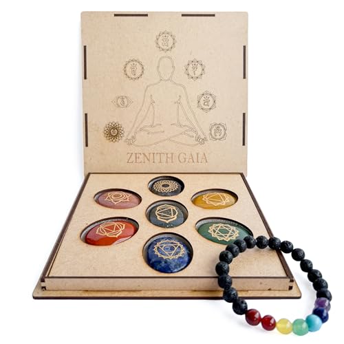 Zenith Gaia Premium Chakra Steine Set mit Armband – Handgefertigte 7 Edelsteine – Natursteine in edler Holzbox – Chakra Heilsteine Set für spirituelles Gleichgewicht und Energiearbeit - Worry Stones