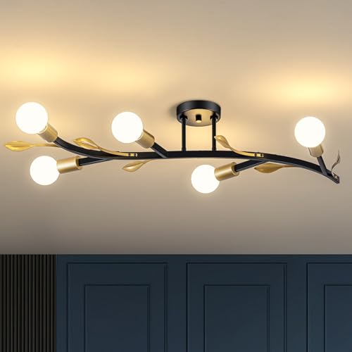 Image of Modern Sputnik Ceiling Light Fixture,5-Lights Black and Gold Sputnik Chandeliers, Industrial Metal Semi Flush Mount Ceiling Light Fixture for Bedroom Hallway Entryway Kitchen