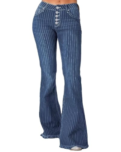 Women's Casual High Waist Bell Bottom Jeans Striped Printed Hem Raw Flare Denim Pants