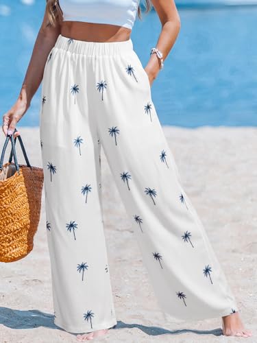 Image of CUPSHE Women's Wide Leg Beach Pants - Tropical Floral with Pockets Plus Size Casual Flowy Vacation Bottoms