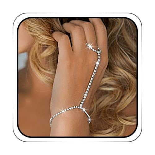 ACEDRE Rhinestone Ring Chain Bracelet Silver Sparkly Finger Hand Jewelry for Women
