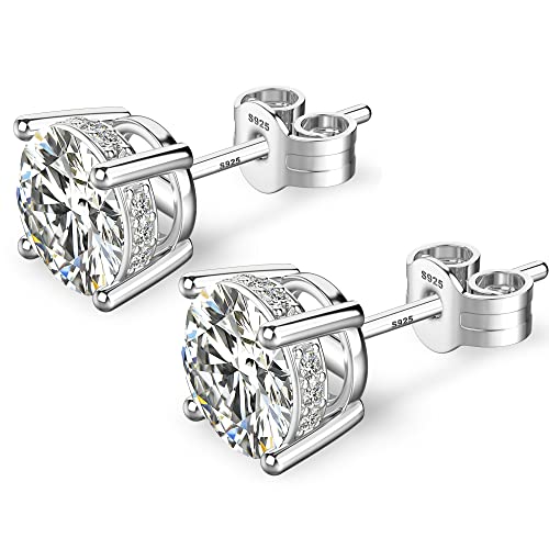 18K White Gold Plated Sterling Silver Round Cut Cubic Zirconia Stud Earrings For Women Men 4 Prong Swarovski Zirconia Hypoallergenic Cz Stud Earrings (White Gold) #TOP1