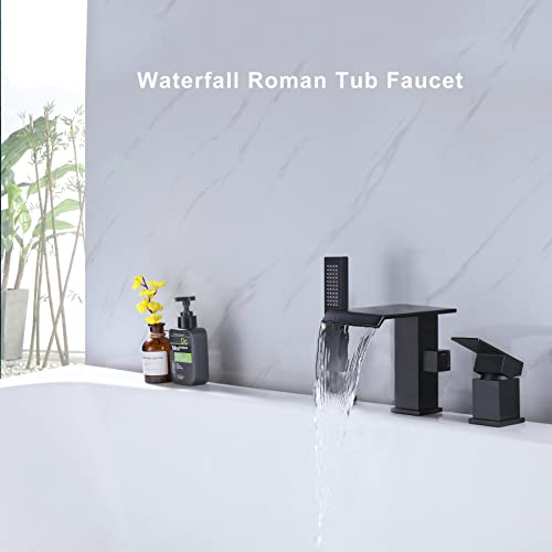 Niitawh Waterfall Roman Tub Faucet With Hand Shower Matte Black High Flow Bathtub Faucet 3 Hole Widespread Tub Filler Deck Mount Solid Brass thumb #6