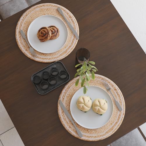 Image of Encasa XO Dining Table Mats Set of 2 | Jute Round Placemat - 32 cm Diameter | Off White & Jute Natural Bleach Color | Handmade Style Chargers for Dinner Plates