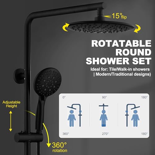 Sistema de ducha de lluvia negro mate con rociador de mano, sistema de ducha expuesto SonTiy con soporte ajustable en altura, brazo de ducha ajustable 360°, manguera de 72 pulgadas para toda la familia miniatura 3