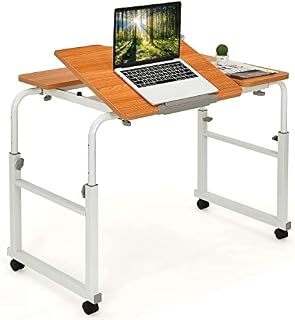 CASART Rolling Overbed Table, Height & Length Adjustable Laptop Study Desk with Tiltable Desktop, Mobile Computer Workstation for Home Office Use (Coffee + White)