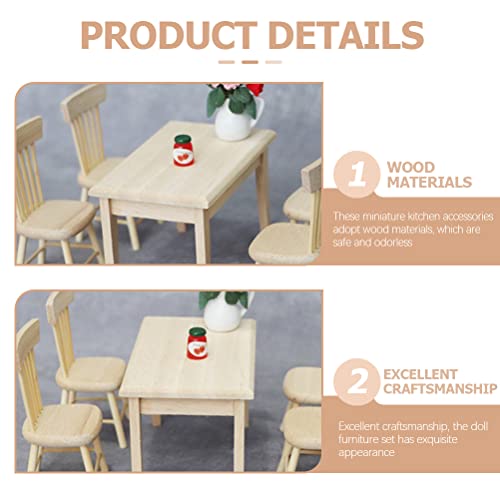 Conjunto de cadeiras de mesa miniatura para móveis de boneca em miniatura em escala 1/12 (1 mesa com