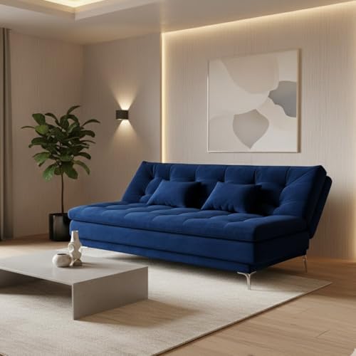 Image of FURNY Legle 3 Seater Fabric Sofa Cum Bed with 2 Cushions (Dark Blue) with Velvet Fabric | Durable with Comfort | Perfect for Living Room, Bedrooms, Offices