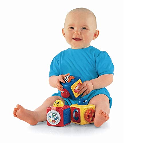 FISHER-PRICE Stacking Action Blocks - Spielwürfel mit Buchstaben, Zahlen, Guck-Guck-Spaß und lustigen Aktionen, inklusive Drehrolle, Drehrad mit Perlen und Klickrad, DHW15