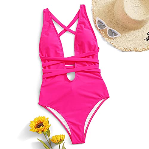 SweatyRocks Women's Sexy Basic Criss Cross Tie Knot Front Deep V Open Back One Piece Swimwear4