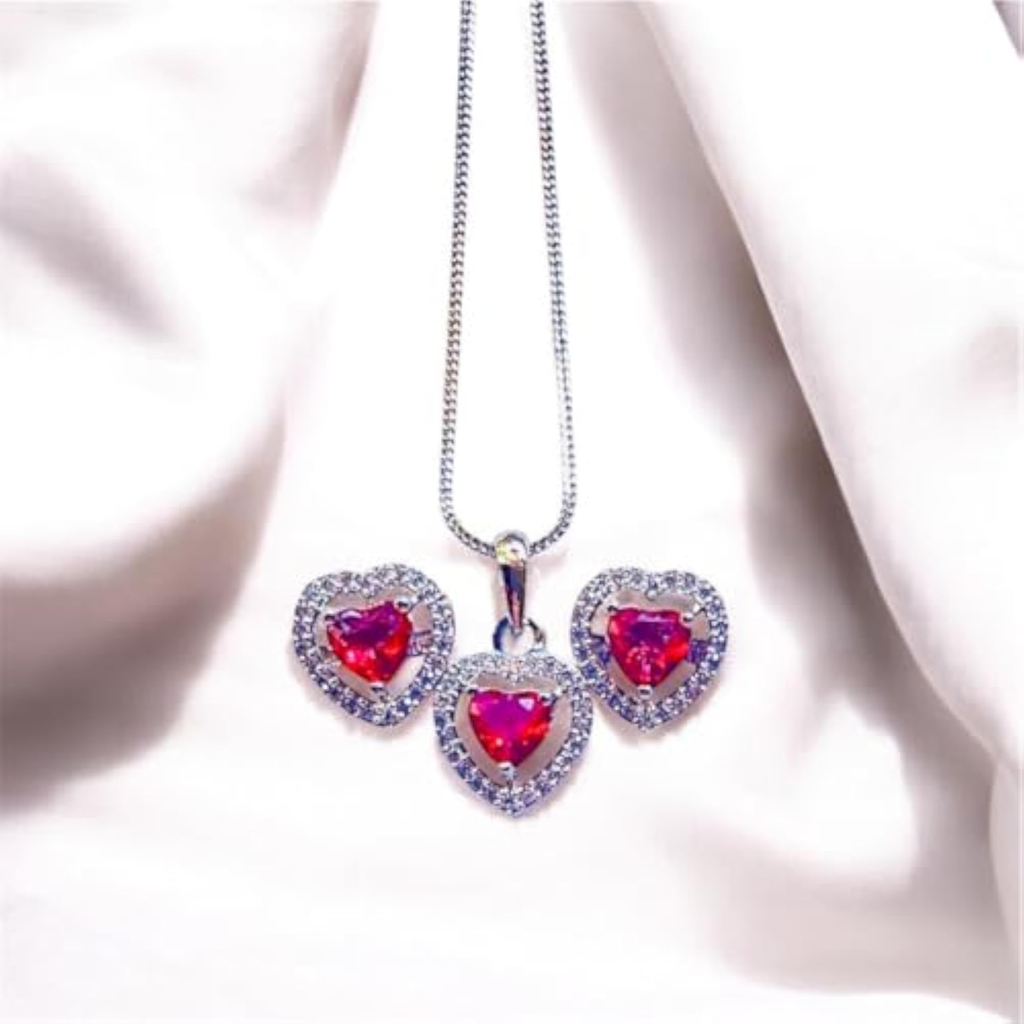 Heart-Shaped Ruby Red Dainty Pendant Set with CZ