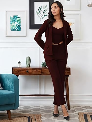 Image of Florely Women's Lycra Solid Three Piece Outfits Blazer Co-Ord Set Women Outdoor Wear Maxi Dress Crop top Party Dress Stylish Dresses