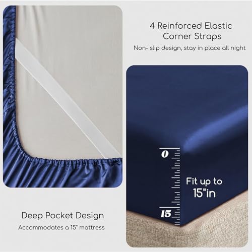 MR&HM 4Pcs Satin Sheets(Queen, Navy Blue)
