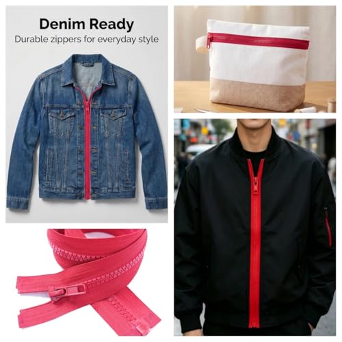 Image of MebuZip 2PCS #5 24 Inch Separating Jacket Zippers Resin Zipper Molded Plastic Zippers Bulk for Sewing Coat Jackets Clothes (24 inch Red)