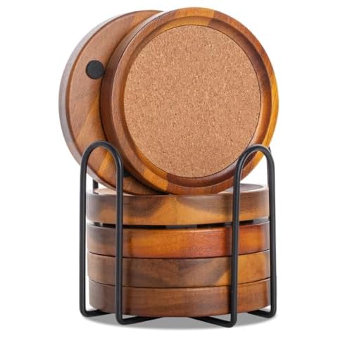Wood Coasters for Drinks Absorbent with Holder, Acacia Wood Cork Coaster Rustic Coasters for Coffee Table Dining Table Wooden Table Coasters for Farmhouse Desk, Set of 6 4.13inch Dark Brown Cover