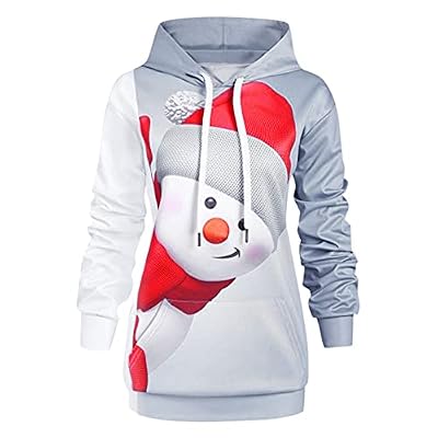 Womens Plus Size Christmas Hoodies Casual Long Sleeve Snowman Print Sweatshirt Lightweight Drawstring Pocket Ladies Tops Gray