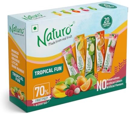 Naturo Assorted Tropical Fruit Bars, Pack of 20, 140 gm (7g x 20) (Pack of 1, Tropical Fun)